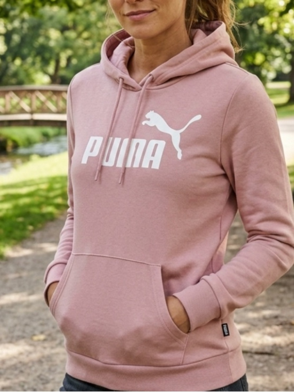 Puma Womens Essentials Logo Fleece Pullover Mauve Hoodie. Sz S